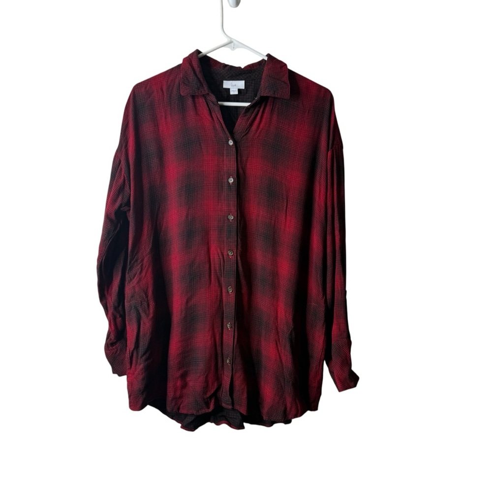 J Jill Red Plaid Button Front Sleeve Flannel Blouse